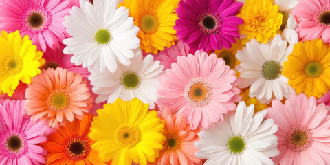 Bright and colorful flowers in various shades, including pink, yellow, and white, create vibrant and cheerful display. This beautiful arrangement evokes feelings of joy and freshness