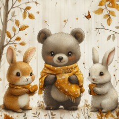 Fototapeta premium Seamless Pattern Cute Cartoon Bears and Rabbits Watercolor Animals
