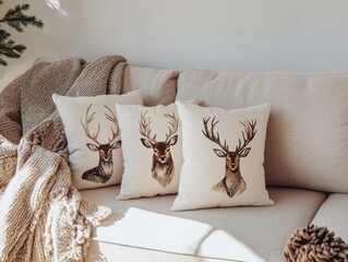 Cozy home setup featuring deer-inspired print cushions, soft throws, and a modern boho aesthetic