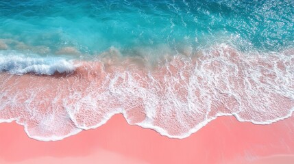 Pink sand beach aerial view, turquoise waves. Vacation travel