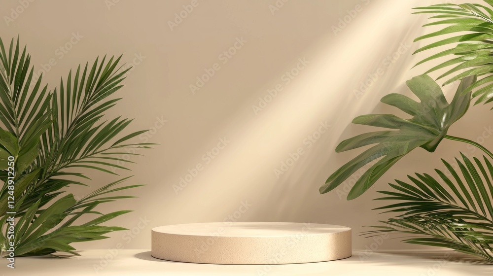 Poster an elegant backdrop highlights a geometric podium with lush leafy decor, perfect for displaying prem