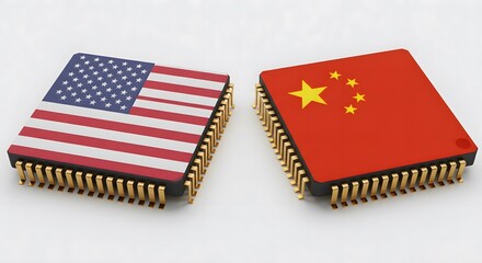 Fototapeta premium USA and China Flags on Microchips Representing Semiconductor Trade and Tech Rivalry