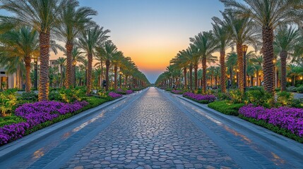 Serene Palm Tree Lined Avenue at Sunset