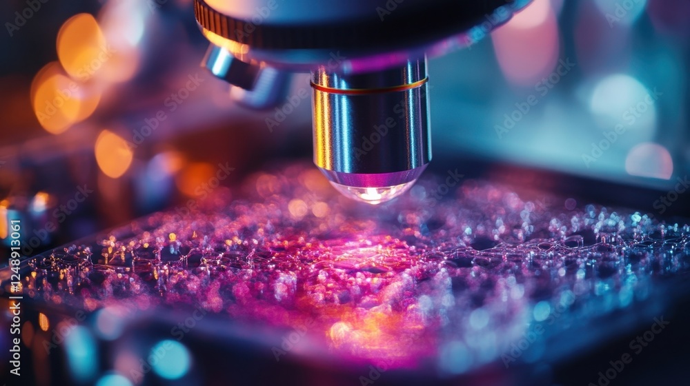 Poster high magnification view of a microscope focusing on a slide with vibrant colors and water droplets, 