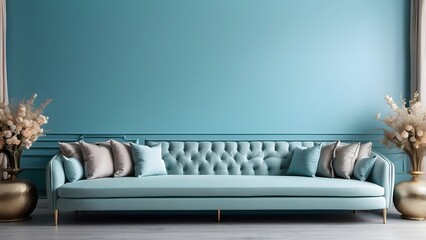 Luxury Table with Sofa Set in Living Room banner with empty space Without Text, cyan luxury background, interior furniture design mockup, holiday banner poster background for advertisement ads
