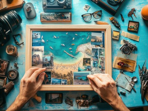 Hands crafting a photo collage in a shadowbox frame, combining memories and travel souvenirs