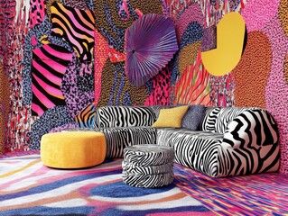 Hybrid animal print wallpaper design with artistic zebra patterns in vibrant color palettes