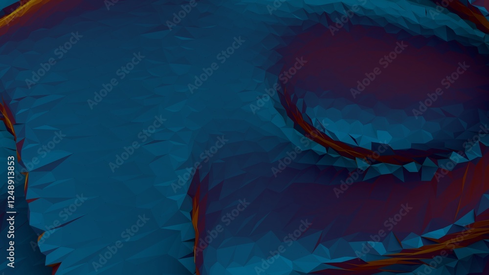 Poster abstract 3d low-poly surface with blue gradients and orange accents, creating a futuristic digital t