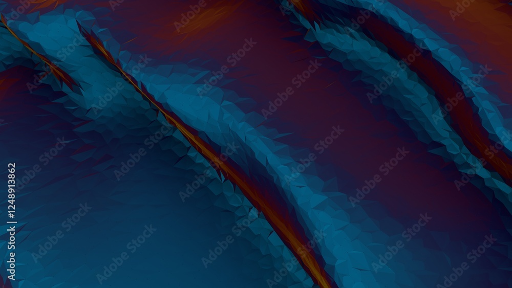 Poster abstract 3d low-poly surface with blue gradients and orange accents, creating a futuristic digital t