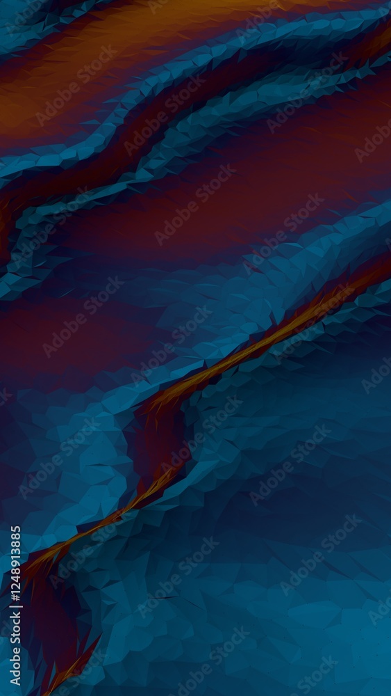 Poster abstract 3d low-poly surface with blue gradients and orange accents, creating a futuristic digital t