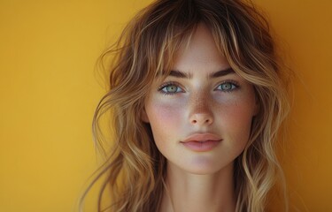 Naklejka premium Smiling woman with wavy hair against yellow background beauty and makeup positive emotions expressive facial expressions