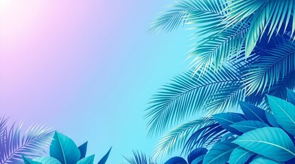 Stylized Tropical Foliage in Cool Pastel Blues and Teals with Ethereal Digital Art Aesthetic