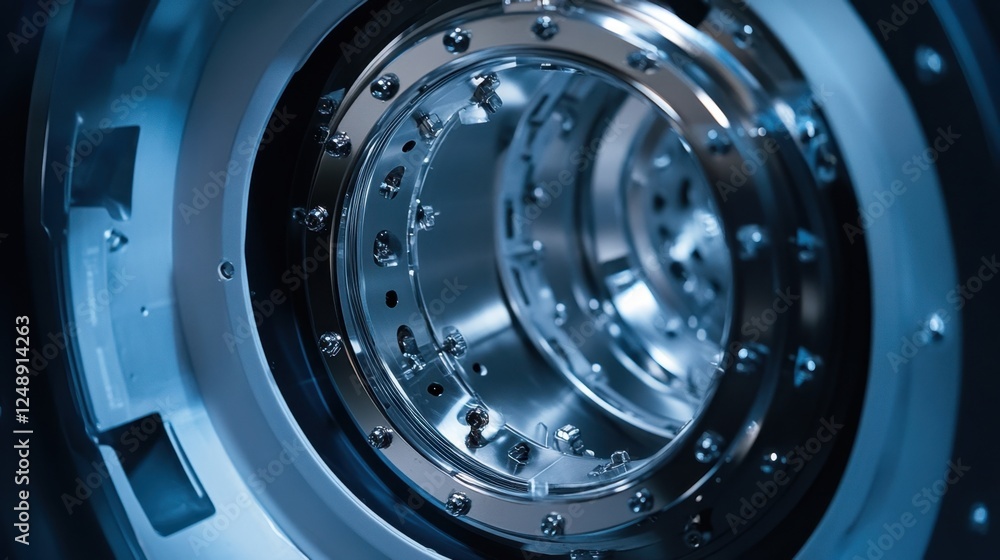 Poster close up view of a complex metallic machine part with intricate circular design, showcasing precisio