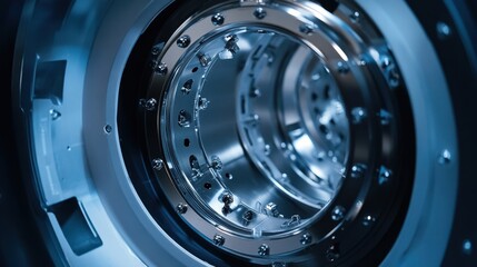 Close up view of a complex metallic machine part with intricate circular design, showcasing precision engineering and industrial craftsmanship under cool blue lighting