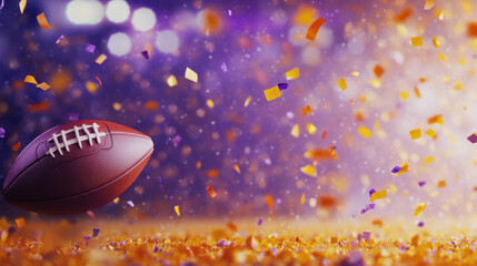 football surrounded by colorful confetti, creating festive atmosphere for sports event. vibrant colors and dynamic background enhance excitement of game
