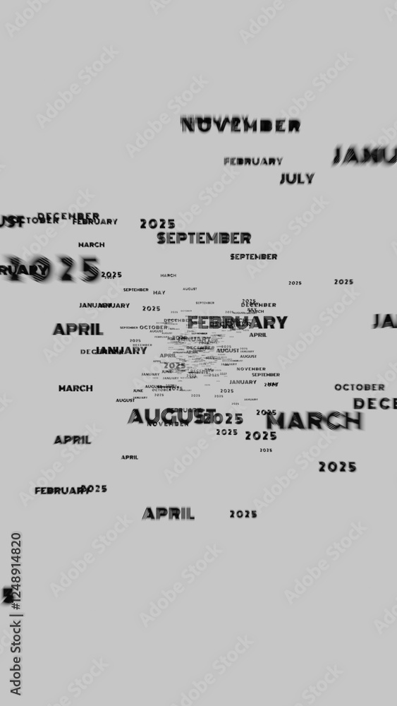 Poster abstract motion typography featuring floating months of the year and 2025 in a futuristic, distorted