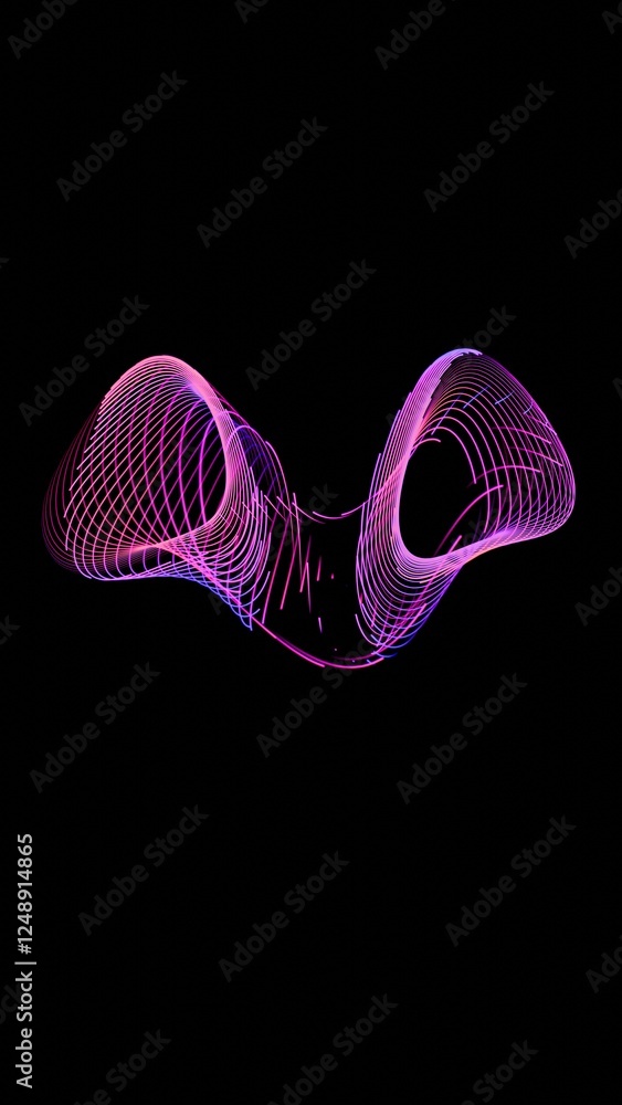 Poster abstract neon wave with glowing pink and blue lines, creating a futuristic digital flow on a black b