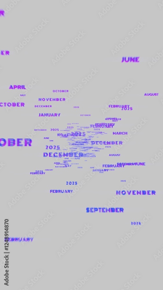 Poster abstract motion typography featuring floating months of the year and 2025 in a futuristic, distorted