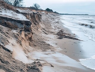Coastal erosion sculpts a dramatic sandy landscape at the ocean's edge