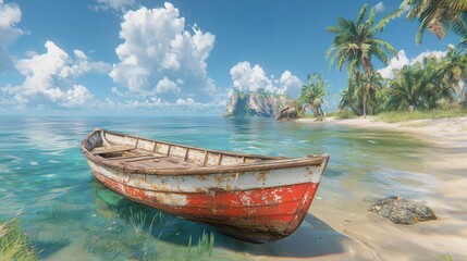 Abandoned boat on tropical beach, serene island scene