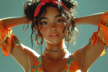 stylized 3d female character with exaggerated features celshaded rendering dynamic pose against abstract background animationready design with professional lighting setup