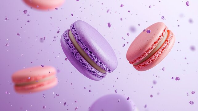 Macarons in shades of pink and lavender gracefully hover against a soft pastel purple backdrop, creating a playful yet elegant atmosphere