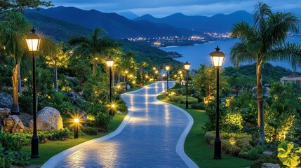 Obraz premium Serene Night Walk: Lighted Pathway with Ocean View