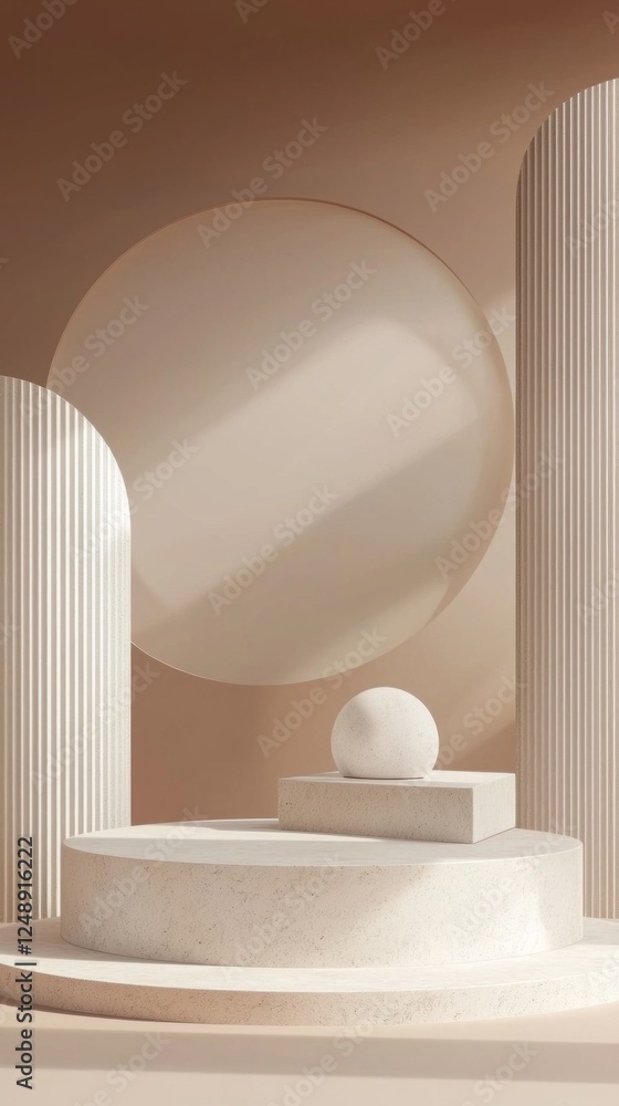Poster A stunning setup features a smooth podium surrounded by curved and cylindrical shapes in soft earth tones. Ideal for highlighting cosmetic items in a modern setting, this display radiates elegance