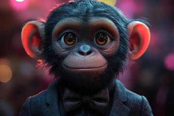 stylized 3d rendered monkey character in a dapper suit and bow tie with expressive eyes and a playful smirk against a vibrant gradient background