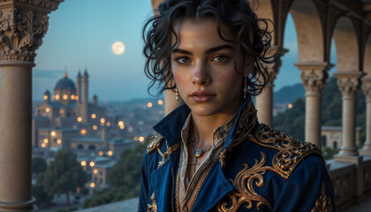 Fototapeta premium Handsome prince gazing over moonlit city on marble balcony, regal elegance