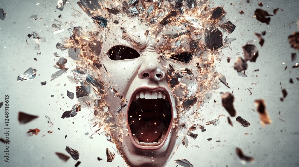 Aufkleber Surreal image of a screaming face exploding into shards of glass and fire, depicting concepts such as mental breakdown, stress, burnout, information overload, and other mental health challenges