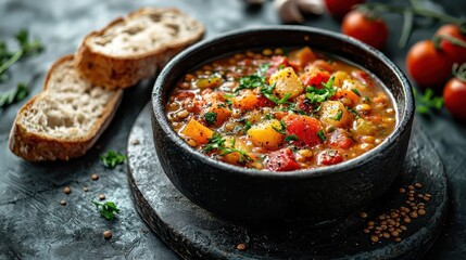Hearty lentil soup with diced vegetables and fresh herbs, served in a black rustic bowl with crusty bread on a dark textured background