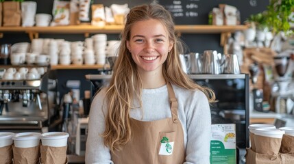 A smiling barista stands in a coffee shop, wearing an apron, surrounded by cups and coffee-making equipment, creating a warm, inviting atmosphere.