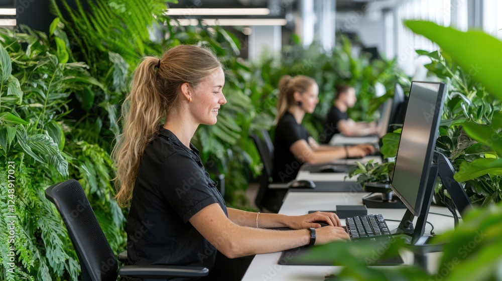 Poster a bright, green workspace with employees working at computers, surrounded by lush plants that create