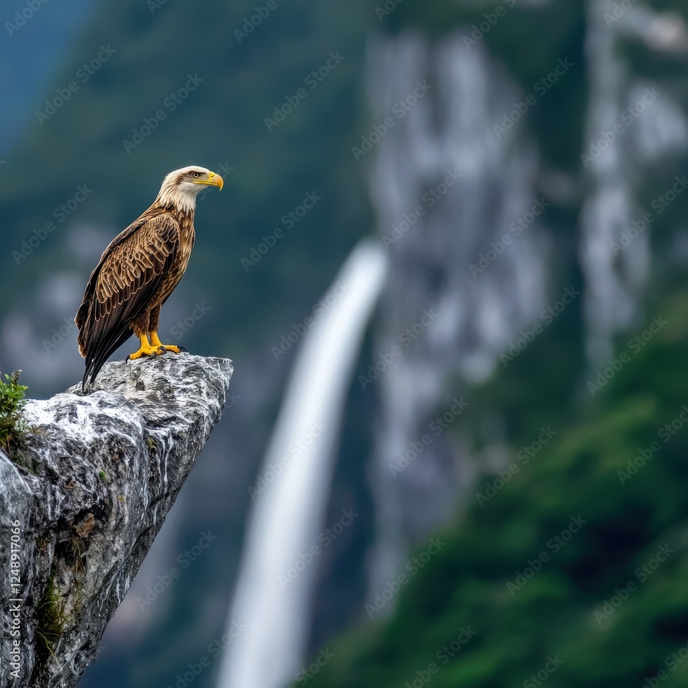 Poster eagle perched on a ledge with cascading waterfalls in the background