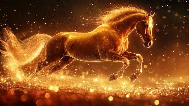Chinese New Year 2026. Year of the Horse Celebration. Elegant greeting design for Chinese New Year 2026, featuring a gold horse, firework patterns. Seamless Loop.