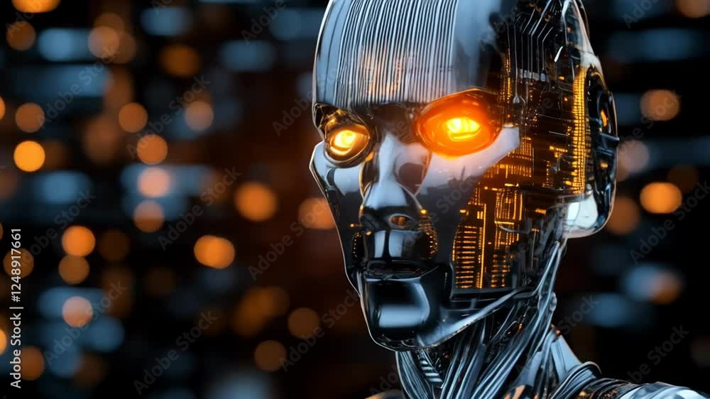 Poster robot head with glowing orange eyes close up on dark background with bokeh lights. artificial intell