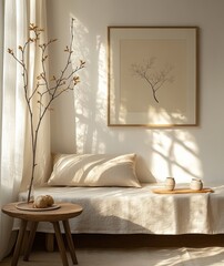 Wooden Frame Minimalist Interior Natural Light Shadows Modern Aesthetic Tranquil Atmosphere Poster Mockup