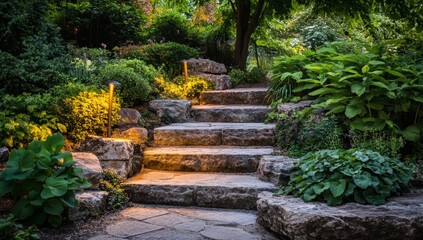 Illuminated stone steps, garden path, lush foliage, dusk