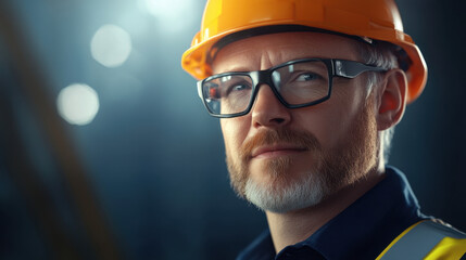 confident construction worker wearing hard hat and safety glasses, showcasing professionalism and focus in work environment