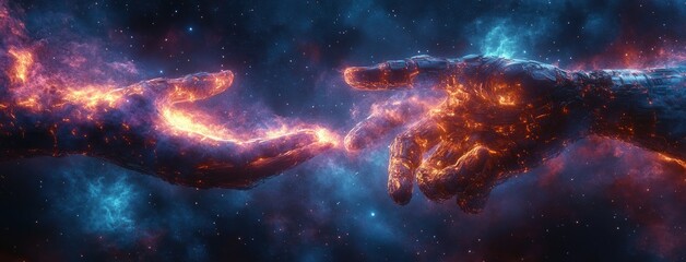 Human Hand Robotic Hand Connection Surrealism Future Technology Cosmic Brain Network AI Innovation