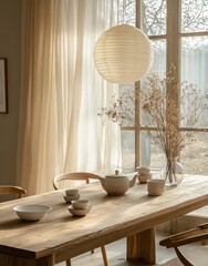 Serene Scandinavian Dining Room with Natural Wood Elements and Minimalist Design