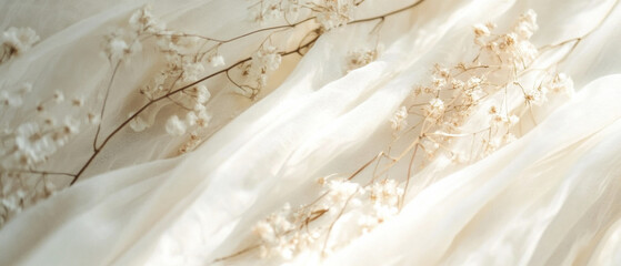 Ethereal white fabric with delicate dried flowers, perfect for weddings