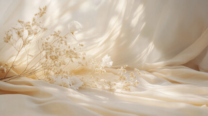 Soft white flowers and dried plants on silky fabric background