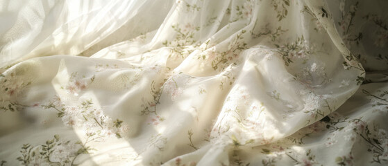 Soft floral fabric draped elegantly, creating romantic and serene atmosphere