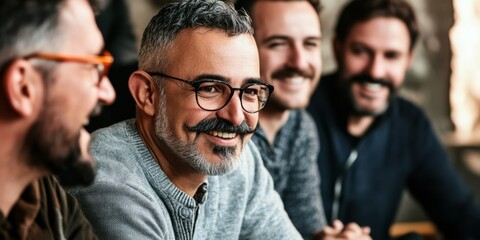 Fototapeta premium A group of men proudly showcasing their newly grown mustaches, standing together with big smiles