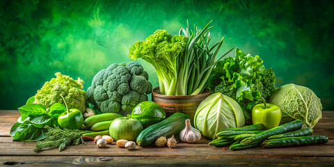 Fresh green vegetables, including crisp lettuce, vibrant spinach, and crunchy cucumbers, are artfully arranged on a rustic wooden table.