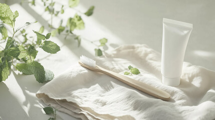 Eco-friendly bamboo toothbrush with natural toothpaste on a linen cloth in a serene setting.
