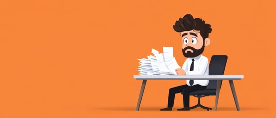 cartoon businessman overwhelmed with paperwork