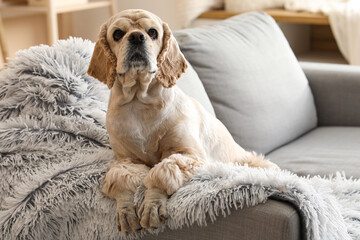 Cute Cocker Spaniel on sofa at home